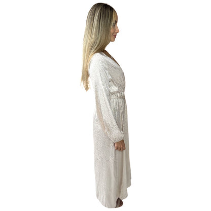 Vestido Liage Longo Festa Liso Brilho Onça Oncinha Fenda Manga Comprida Metalizado Nude