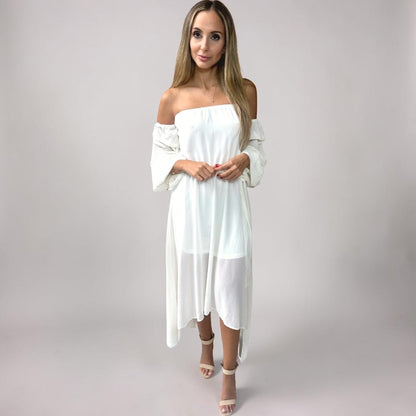 Vestido Liage Midi Mullet Liso Ombro a Ombro Babado Transparência Off White Nude