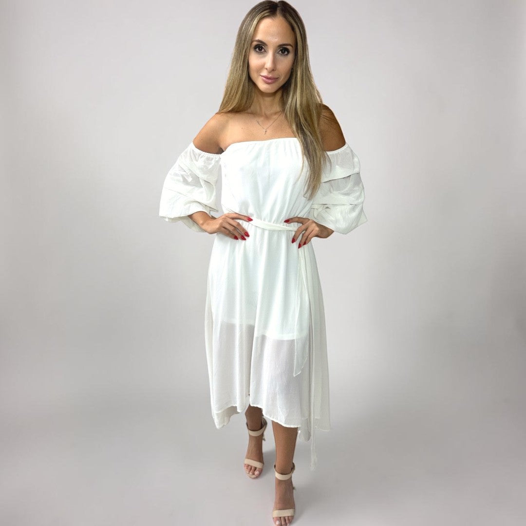 Vestido Liage Midi Mullet Liso Ombro a Ombro Babado Transparência Off White Nude