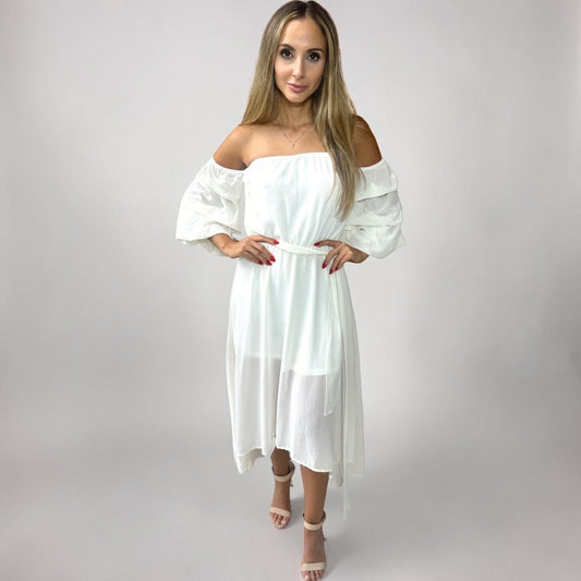Vestido Liage Midi Mullet Liso Ombro a Ombro Babado Transparência Off White Nude