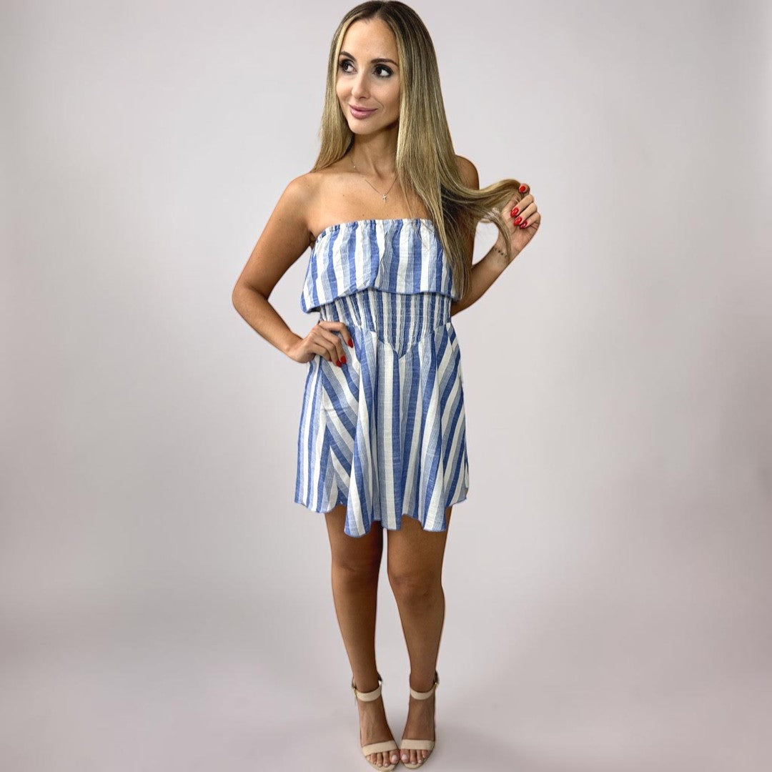 Vestido Liage Curto Listrado Tomara Que Caia Babado Rodado Azul Claro Nude Off-White