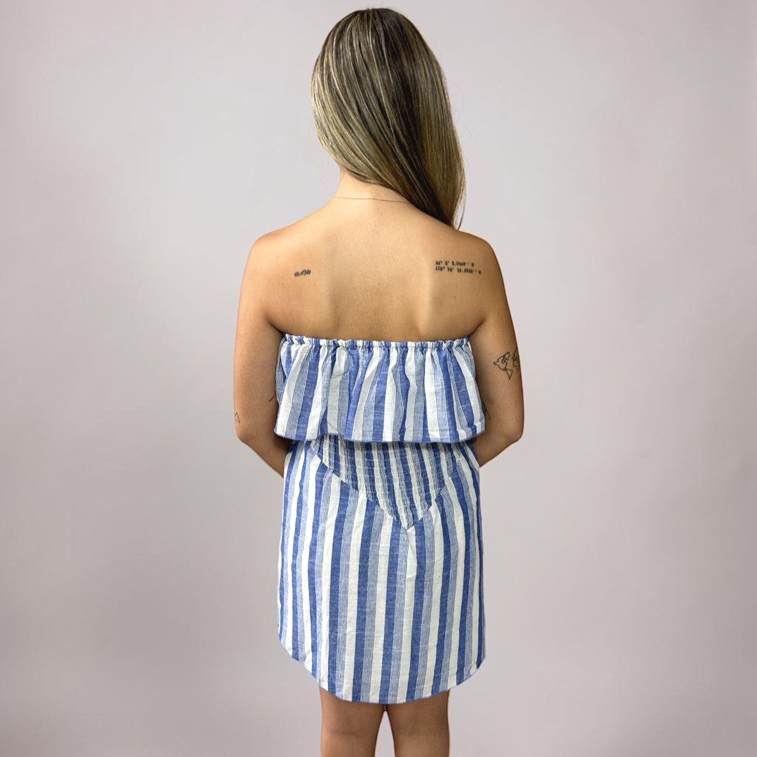 Vestido Liage Curto Listrado Tomara Que Caia Babado Rodado Azul Claro Nude Off-White