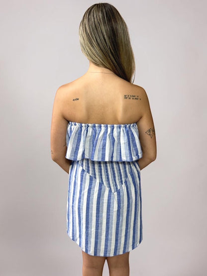 Vestido Liage Curto Listrado Tomara Que Caia Babado Rodado Azul Claro Nude Off-White