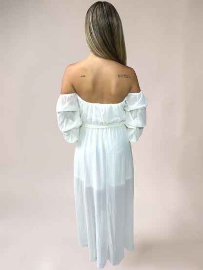 Vestido Liage Midi Mullet Liso Ombro a Ombro Babado Transparência Off White Nude