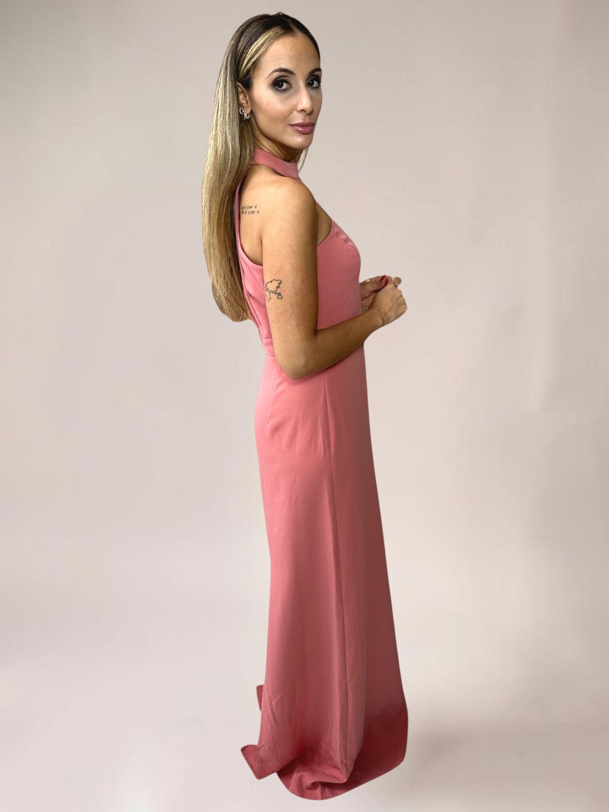 Vestido Liage Festa Longo Sem Manga Fenda Rosa Salmao