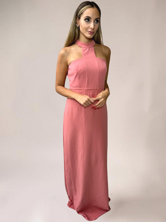 Vestido Liage Festa Longo Sem Manga Fenda Rosa Salmao