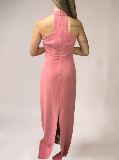 Vestido Liage Festa Longo Sem Manga Fenda Rosa Salmao