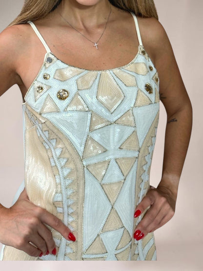 Vestido Liage Curto Bordado Festa Pedra Pedraria Cristais Brilho Dourado Nude Bronze Marfim