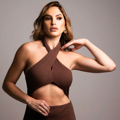 Vestido Longo Liage Recorte Frente Unica Canelado Marrom