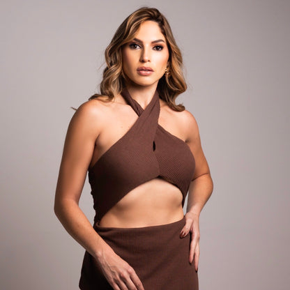 Vestido Longo Liage Recorte Frente Unica Canelado Marrom
