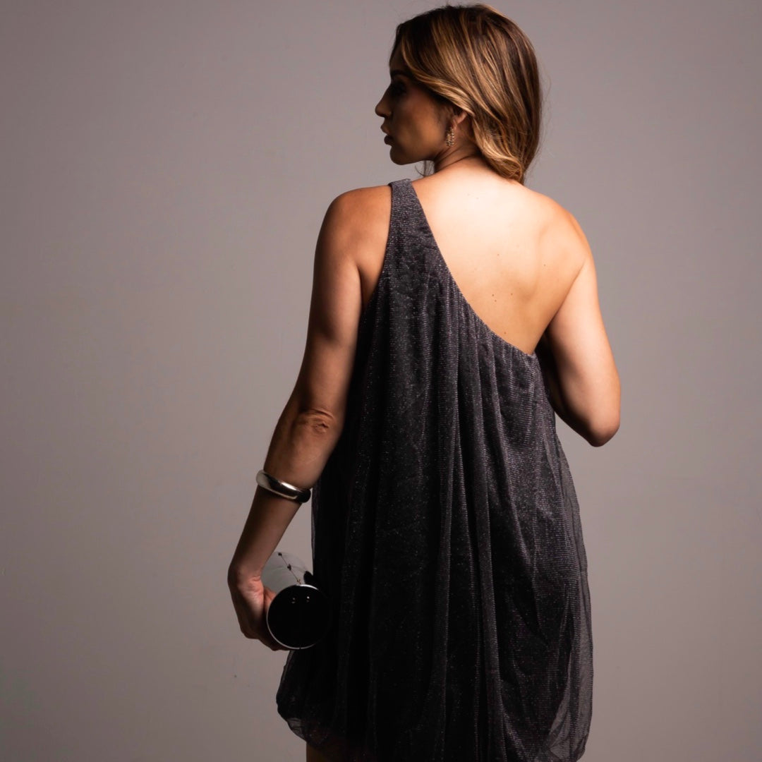 Vestido Liage Curto Festa Brilhante Brilho Um Ombro Balone Prata Grafite