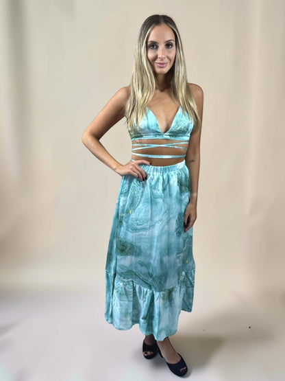 Conjunto Liage Estampado Saia Longa Comprida Babado e Cropped Top Amarração Azul Claro Turquesa