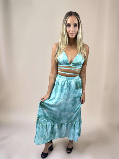 Conjunto Liage Estampado Saia Longa Comprida Babado e Cropped Top Amarração Azul Claro Turquesa