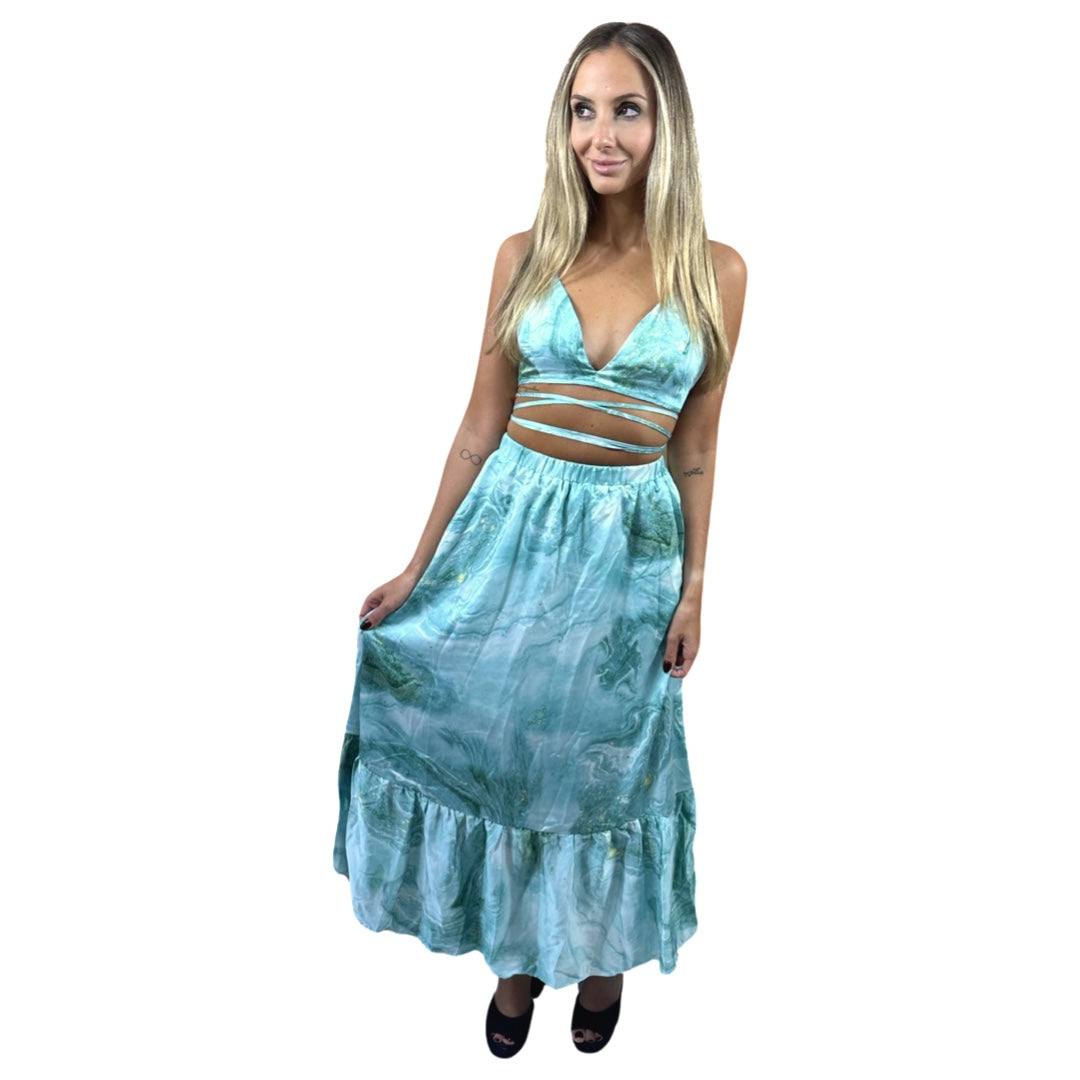 Conjunto Liage Estampado Saia Longa Comprida Babado e Cropped Top Amarração Azul Claro Turquesa