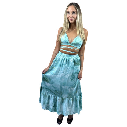 Conjunto Liage Estampado Saia Longa Comprida Babado e Cropped Top Amarração Azul Claro Turquesa