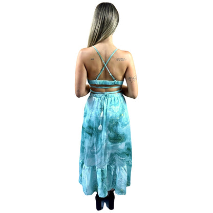 Conjunto Liage Estampado Saia Longa Comprida Babado e Cropped Top Amarração Azul Claro Turquesa