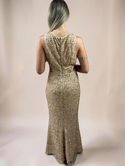 Vestido Liage Longo Liso Festa Bordado Paete Transparencia Tule Brilho Brilhante Metalizado Dourado