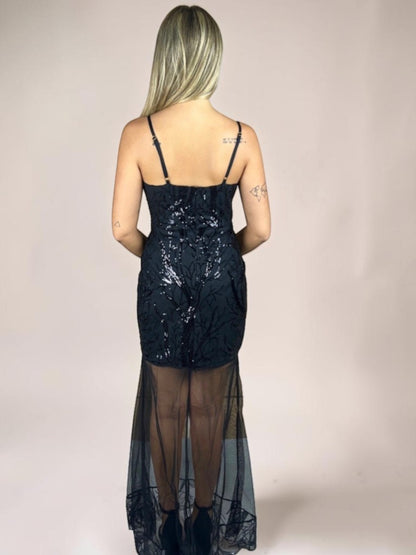 Vestido Liage Longo Festa Bordado Paete Tule Alça Alcinha Regulavél Transparencia Preto