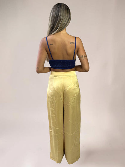 Conjunto Calça e Cropped Liage Liso Cetim Brilho Pantalona Alcinha Azul Marinho Escuro Amarelo