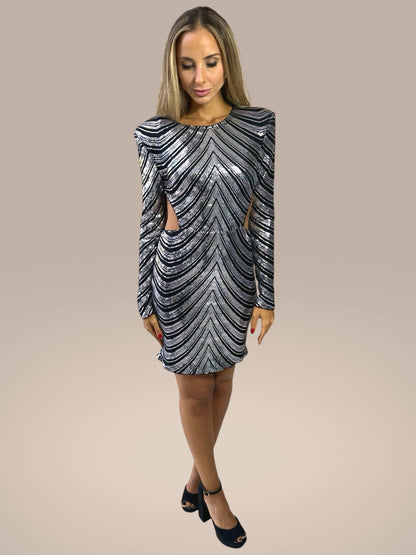 Vestido Liage Curto Festa Bordado Paete Ombreira Manga Comprida Decote Costas Prata Preto