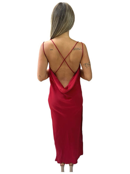 Vestido Longo Liage Liso Festa Decote Drapeado Alcinha Alça Fenda Vinho Bordo