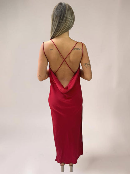 Vestido Longo Liage Liso Festa Decote Drapeado Alcinha Alça Fenda Vinho Bordo