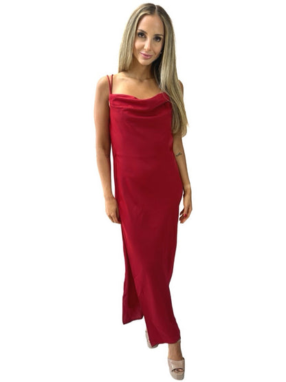 Vestido Longo Liage Liso Festa Decote Drapeado Alcinha Alça Fenda Vinho Bordo