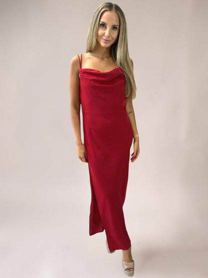 Vestido Longo Liage Liso Festa Decote Drapeado Alcinha Alça Fenda Vinho Bordo