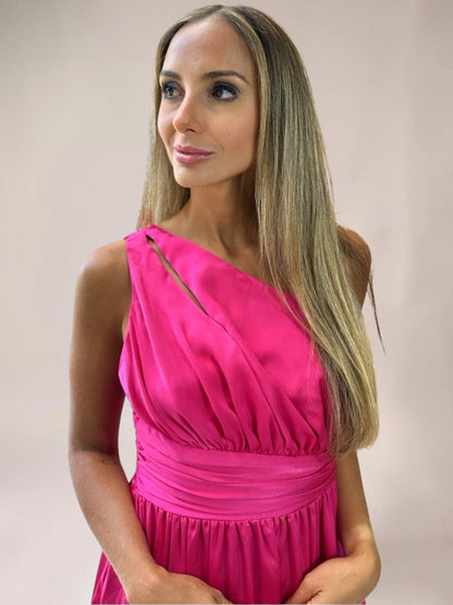 Vestido Liage Longo Festa Casamento Brilho Fenda Um ombro Rosa Choque Pink