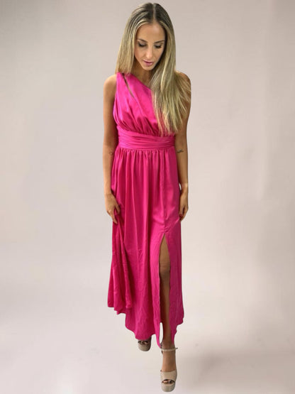 Vestido Liage Longo Festa Casamento Brilho Fenda Um ombro Rosa Choque Pink