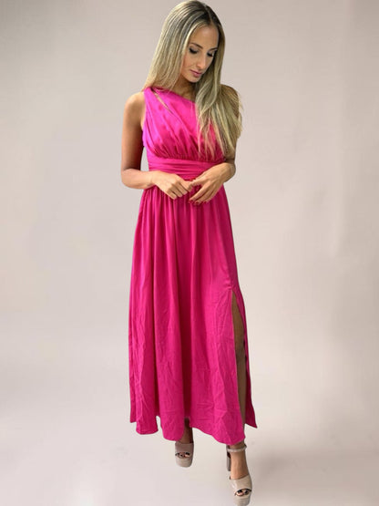 Vestido Liage Longo Festa Casamento Brilho Fenda Um ombro Rosa Choque Pink