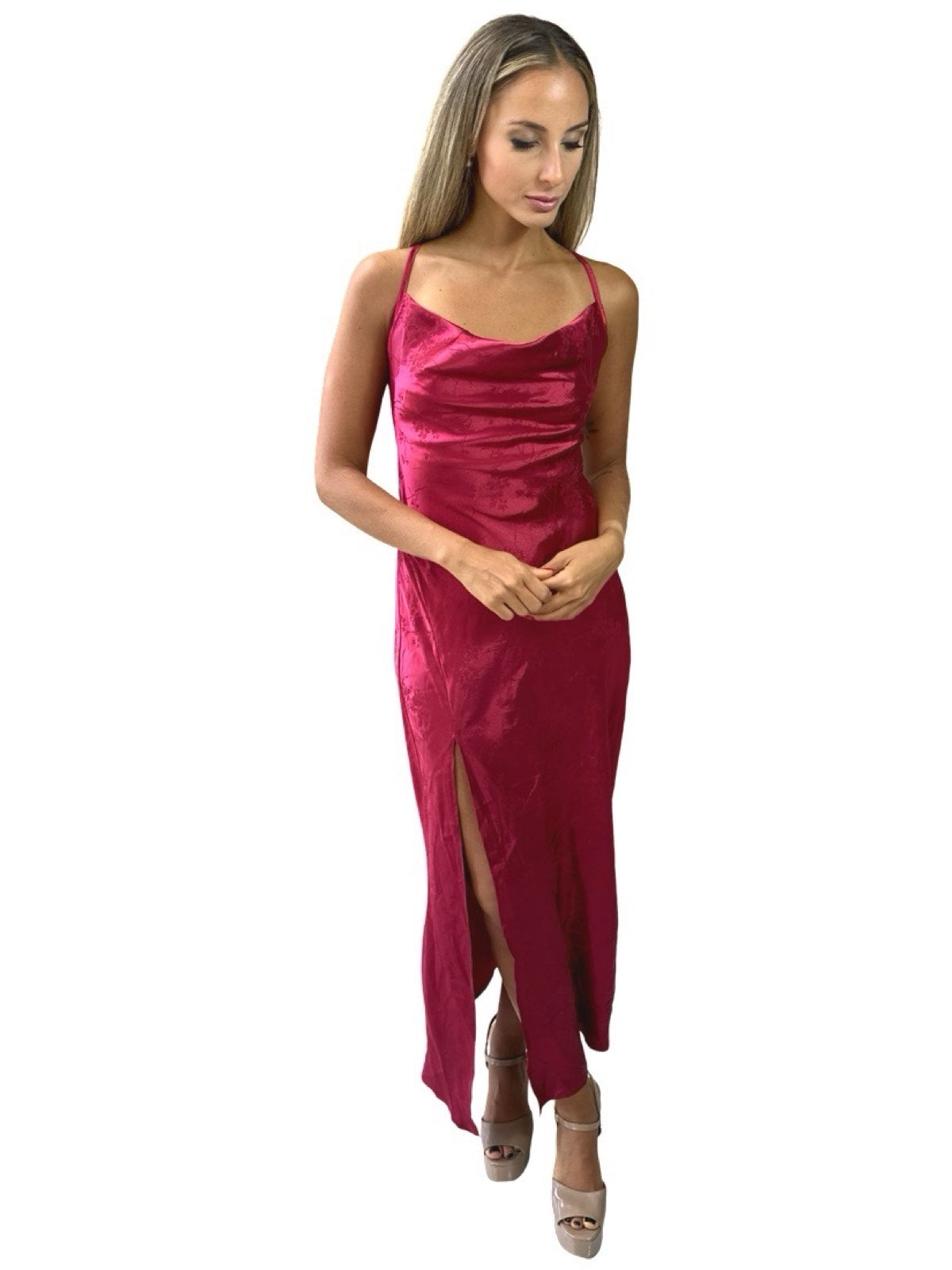 Vestido Longo Liage Festa Brilho Decote Drapeado Alcinha Alça Fenda Vinho Bordo
