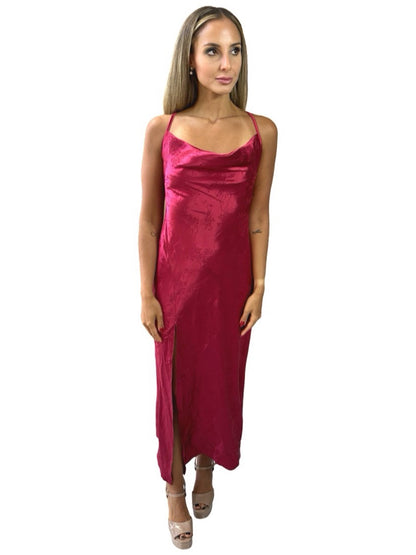 Vestido Longo Liage Festa Brilho Decote Drapeado Alcinha Alça Fenda Vinho Bordo
