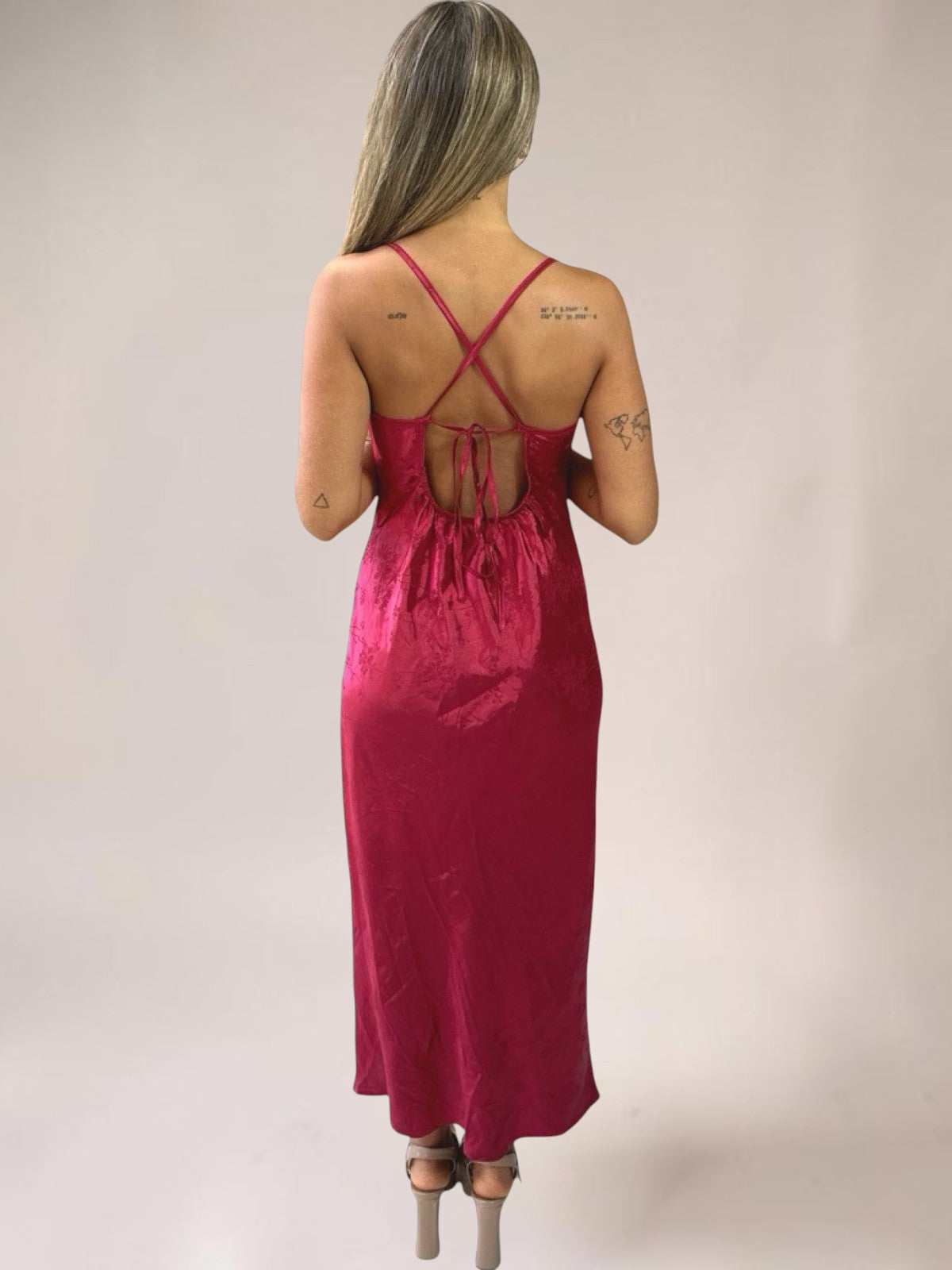 Vestido Longo Liage Festa Brilho Decote Drapeado Alcinha Alça Fenda Vinho Bordo