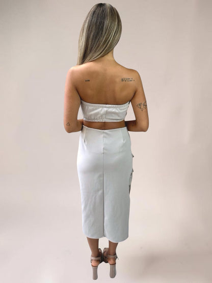Conjunto Liage Saia Midi e Blusa Cropped Tomara Que Caia Ziper Assimetrica Nude Off White