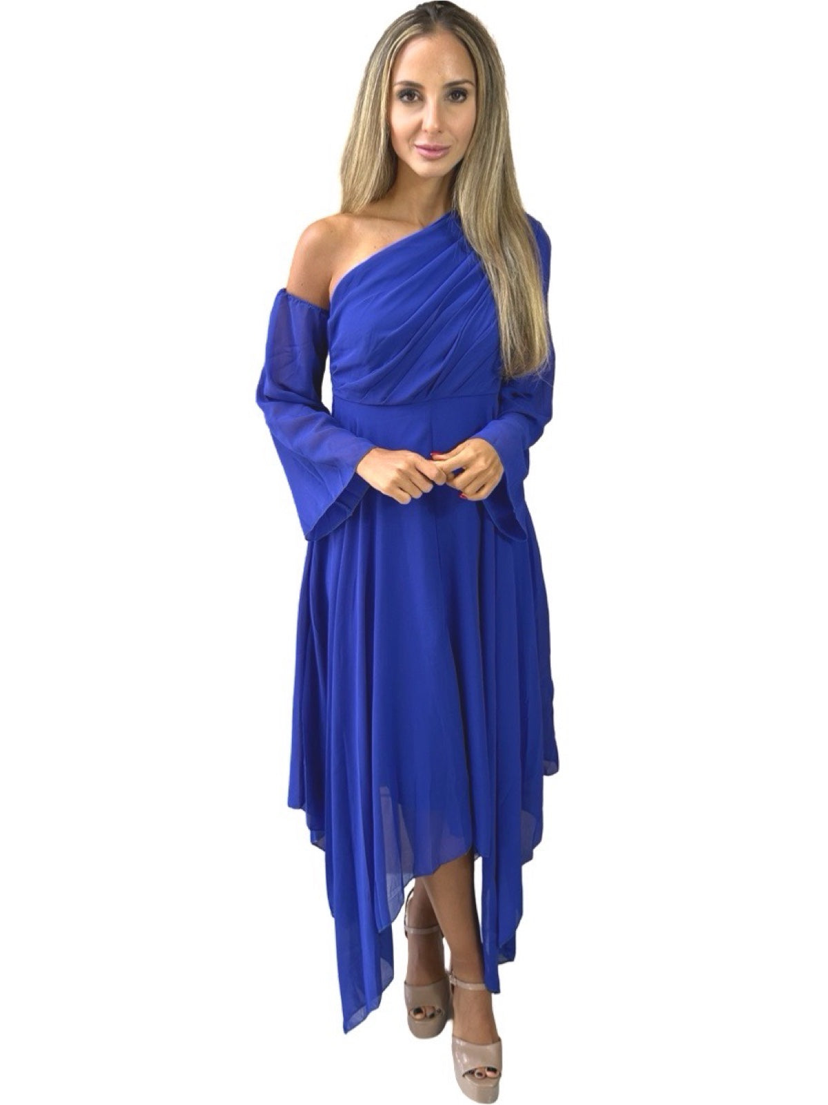 Vestido Liage Longo Festa Casamento Pontas Assimétrico Chifon Manga Azul Escuro Celeste