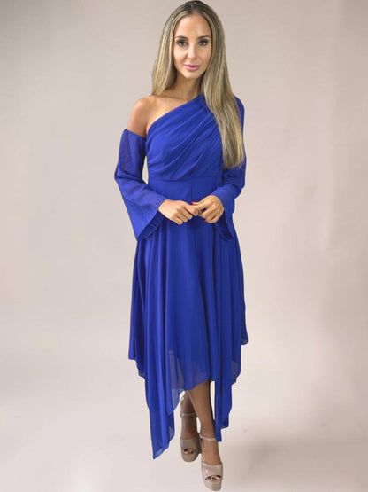Vestido Liage Longo Festa Casamento Pontas Assimétrico Chifon Manga Azul Escuro Celeste