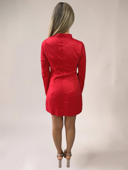 Vestido Liage Curto Festa Manga Comprida Gola Botao Decote Recorte Vermelho
