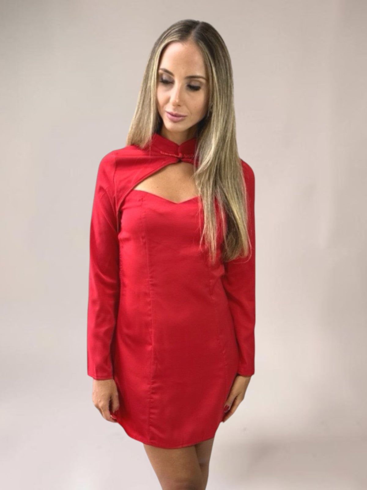 Vestido Liage Curto Festa Manga Comprida Gola Botao Decote Recorte Vermelho