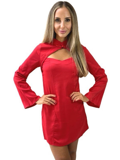 Vestido Liage Curto Festa Manga Comprida Gola Botao Decote Recorte Vermelho