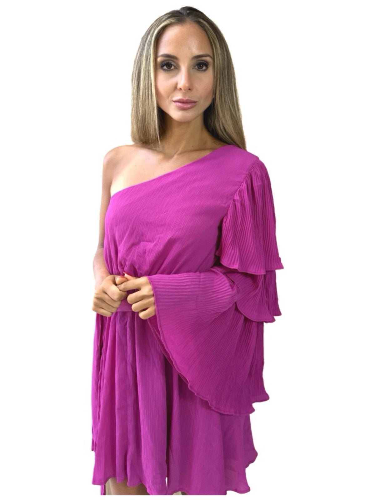 Vestido Liage Curto Liso Festa Plissado Babado Um ombro Rosa Choque Pink