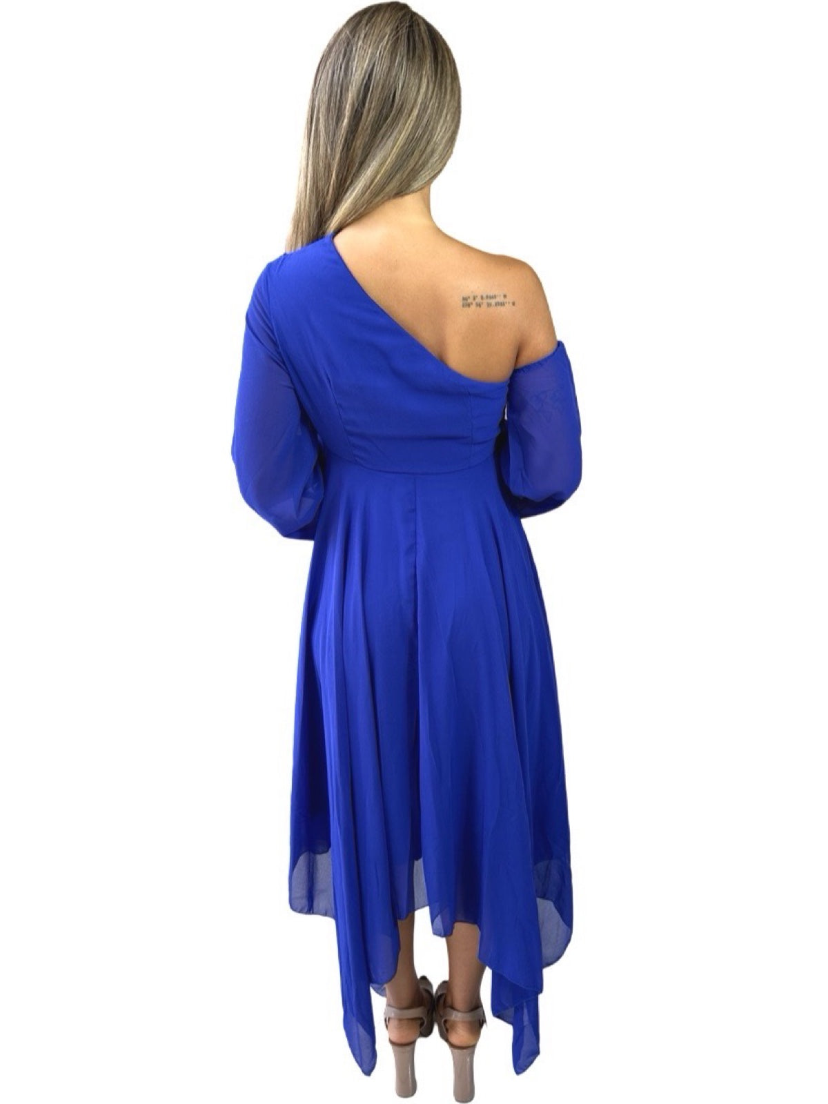 Vestido Liage Longo Festa Casamento Pontas Assimétrico Chifon Manga Azul Escuro Celeste