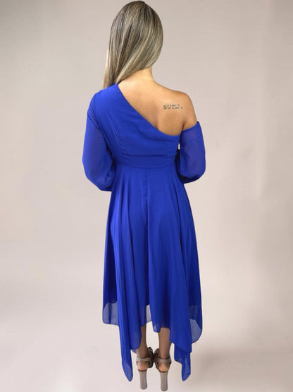 Vestido Liage Longo Festa Casamento Pontas Assimétrico Chifon Manga Azul Escuro Celeste
