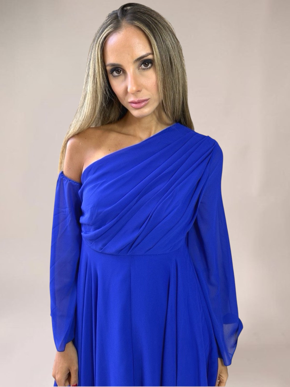 Vestido Liage Longo Festa Casamento Pontas Assimétrico Chifon Manga Azul Escuro Celeste