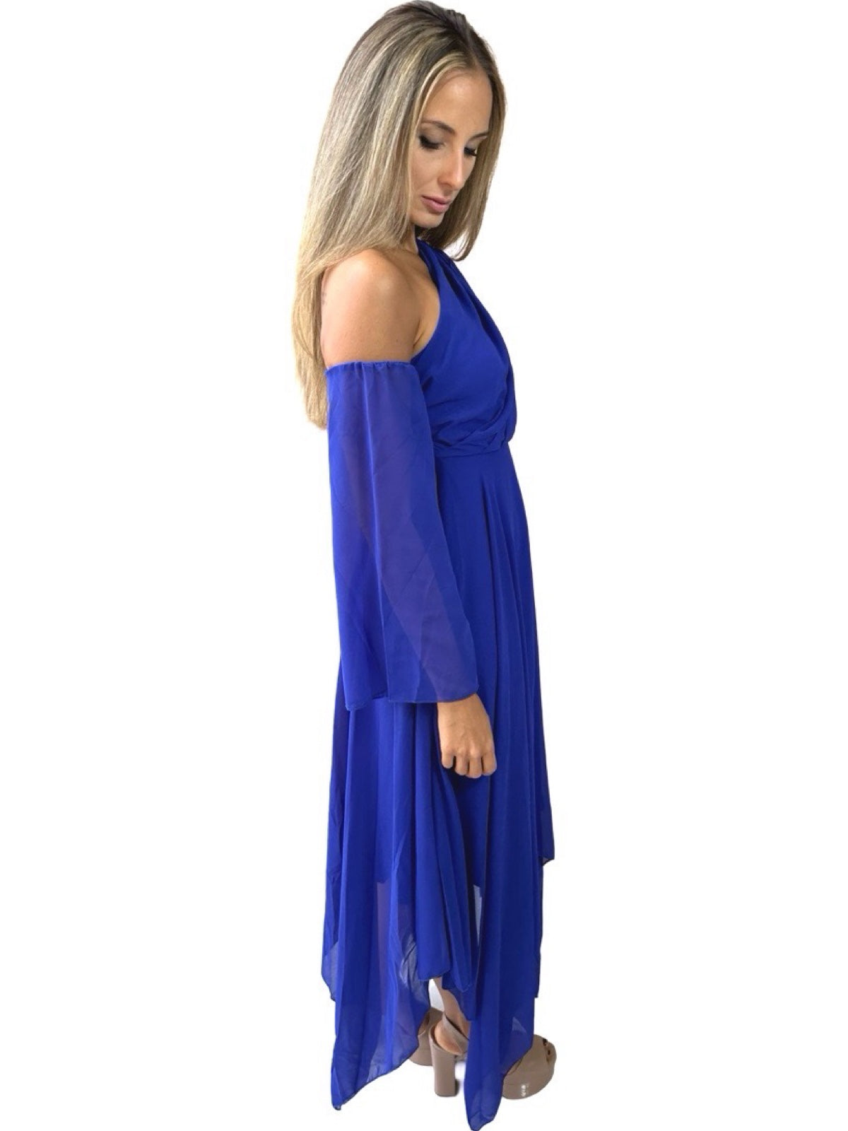Vestido Liage Longo Festa Casamento Pontas Assimétrico Chifon Manga Azul Escuro Celeste