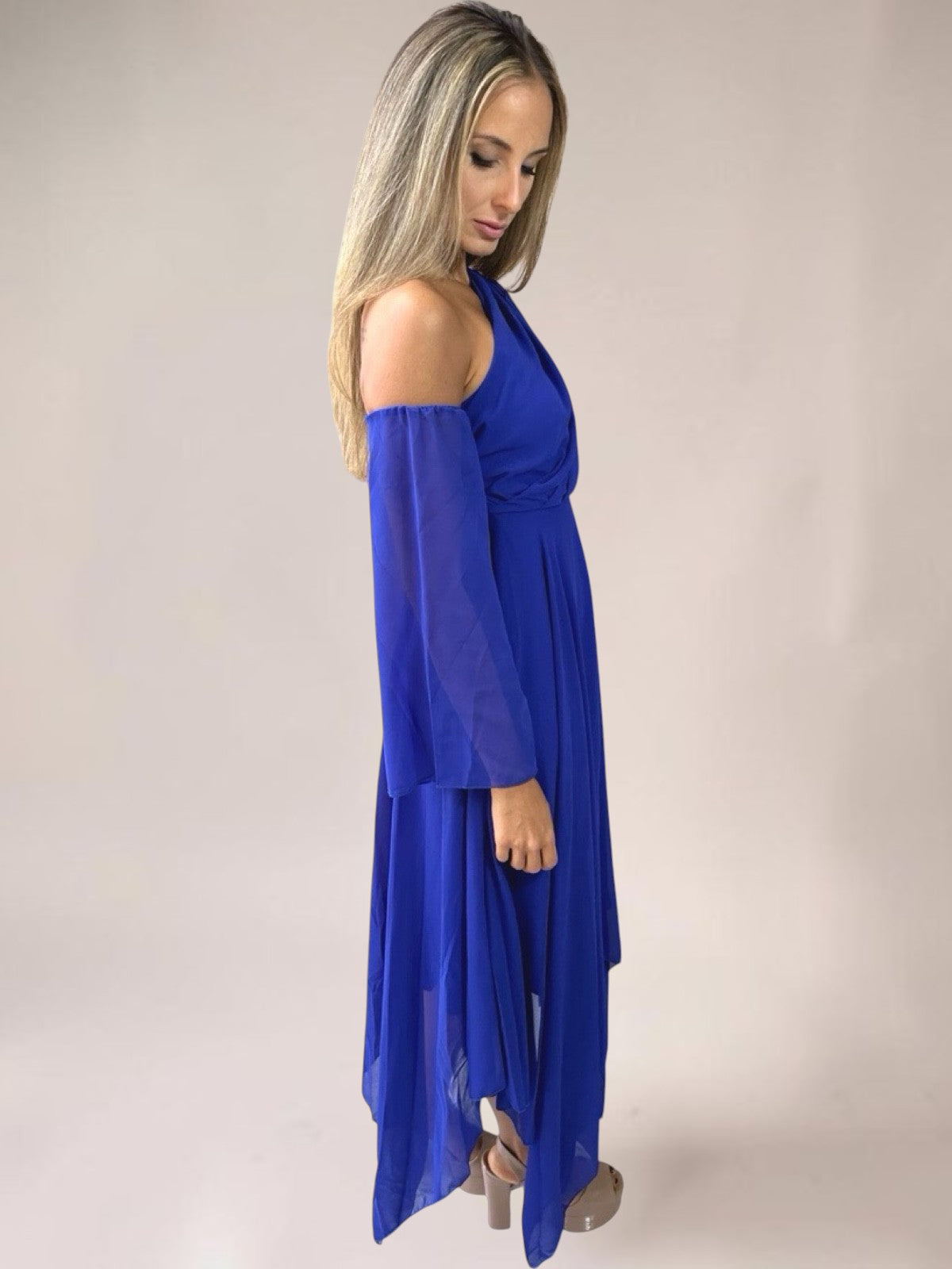 Vestido Liage Longo Festa Casamento Pontas Assimétrico Chifon Manga Azul Escuro Celeste