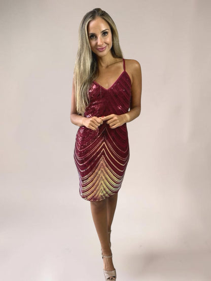 Vestido Liage Curto Festa Bordado Paetê Brilho Brihante Alça Alcinha Decote V Vinho Marsala Dourado
