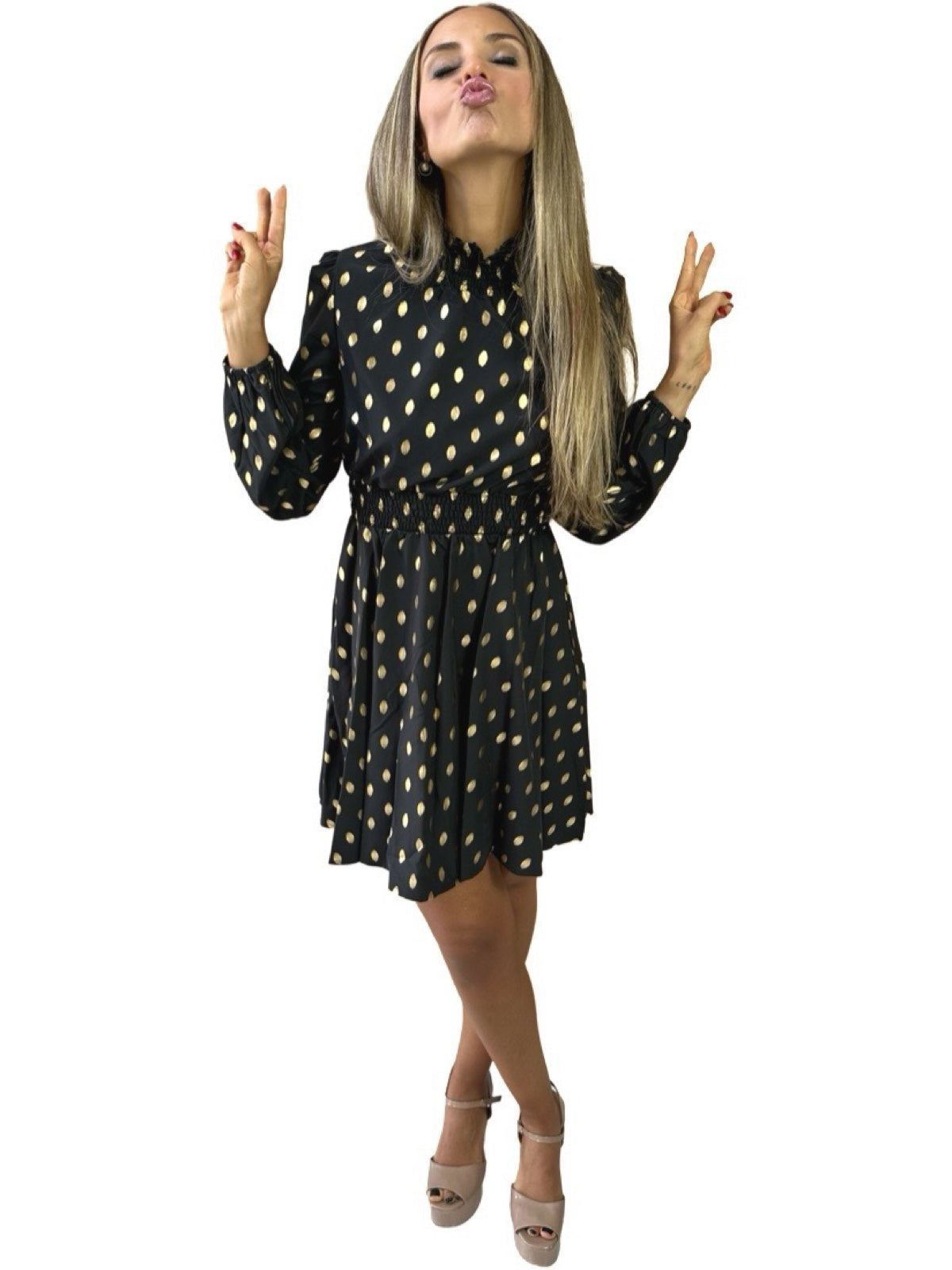 Vestido Liage Curto Manga Comprida Gola Poá Bolinhas Preto Branco Dourado