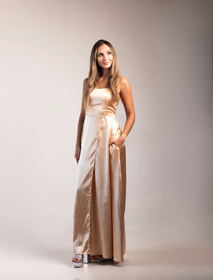Vestido Longo Liage Festa Casamento Brilho Fenda Frente Unica Decote Costas Cetim Metalizado Dourado