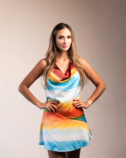 Vestido Liage Curto Festa Drapeado Cetim Frente Unica Tie Dye Vinho Laranja Amarelo Branco Azul Claro